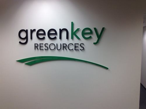 Greenkey resources executive recruiter SIgn  custom, Laser jet cut  1/4" thick acylic Logo and Letters, custom pms green and black pin / stud mounted 