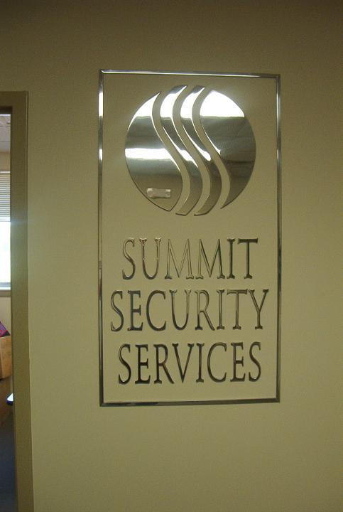 summit security  Service, sign 1/4" Thick, Polished Aluminum, Corporate Logo, stud mount, in reception area,  installed NYC, Melville, Uniondale, Hart