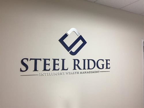 Steel Ridge Wealth Management, 1/4" thick custom, Water jet cut Natural Satin Aluminum and acylic Logo and Letters, custom pms blue silicone, double s